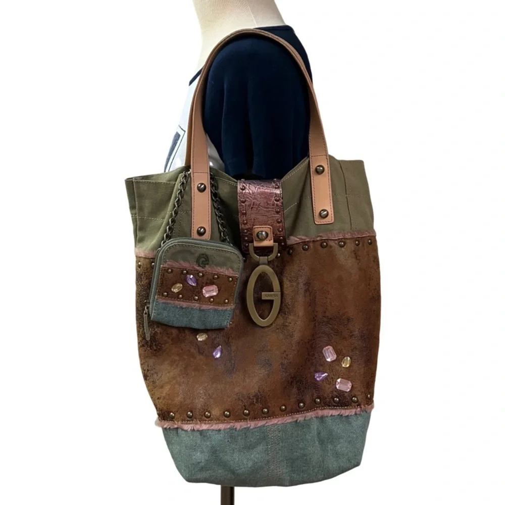 Vintage Y2k Guess Patchwork Reversible Tote Boho Fairycore Grunge Brass G Logo